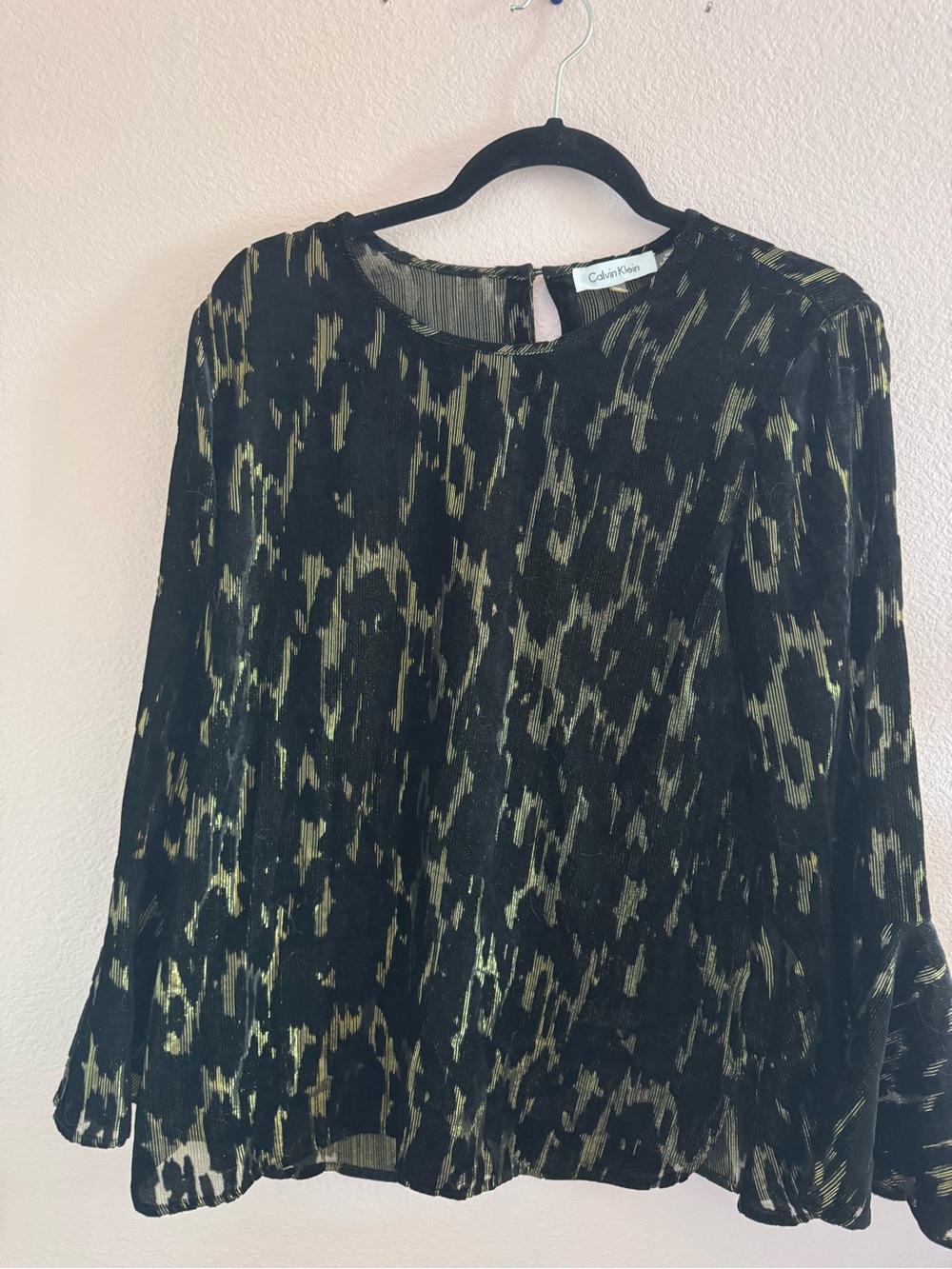 Calvin Klein Black Velvet Top with Metallic Gold Accents
